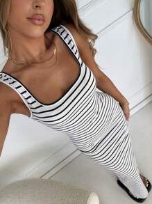 SHEIN EZwear 女式条纹扭纹后开衩连衣裙，夏季 - 黑與白 - 查看 6