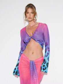 KIZN Saída de praia de manga comprida com decote em V, top curto com frente torcida e mangas sino, estampa animal, roupa de praia para resort, saída de piscina para férias - Multicolorido - Ver 5