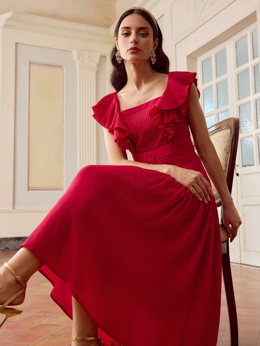 ZEYLAH Women's Elegant Solid Color Ruffle Trim High Waist Midi Dress - Pink - View 1