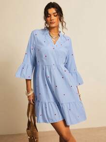 Freevana Plus Size Heart Pattern Blue & White Stripe V-Neck Puff Sleeve Waist A-Line Romantic Beach Short Dress, Valentine,Beach Dress Sundress,Holiday Outfits Boho - Blue and White - View 5