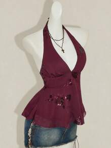 SHEIN ICON 女士时尚休闲露背串珠挂脖背心 - 酒紅色 - 查看 7