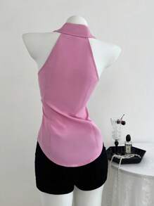 Elamini White Embroidered Fitted Sleeveless Pink Shirt, Spring/Summer - Pink - View 2