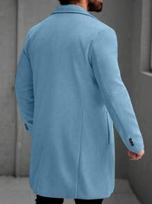 Manfinity Homme Men's Solid Color Lapel Neck Long Sleeve Casual Long Woolen Blue Overcoat , Fall - Teal Blue - View 2