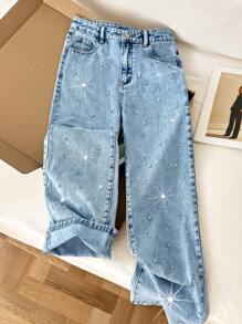 Comfortcana 女式水钻装饰口袋宽腿宽松休闲牛仔裤，闪亮水钻宽松宽腿牛仔裤，夏季，度假，俱乐部性感，乡村音乐会，外出牛仔裤，女士休闲牛仔裤，度假牛仔裤，女士休闲牛仔裤，女士宽松牛仔裤，机场，阔腿裤，街头服饰，趣味牛仔裤，巡航，返校