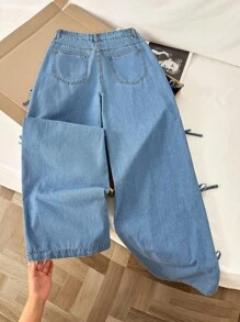 Comfortcana Quần jean ống rộng rộng rãi, quần jean ống rộng cạp chun có nơ cho nữ, quần jean ống rộng rộng rãi, quần jean dự tiệc đồng quê, quần jean dễ thương, quần jean mùa hè cho nữ, quần jean thường ngày cho nữ, quần ống rộng cho nữ, quần ăn sáng muộn cho nữ, quần rộng thùng thình, trở lại trường học - Rửa trung bình - Xem 2