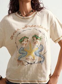 Bohemela 波西米亚风度假休闲美人鱼图案针织不对称领口女式 T 恤 - 杏色 - 查看 2