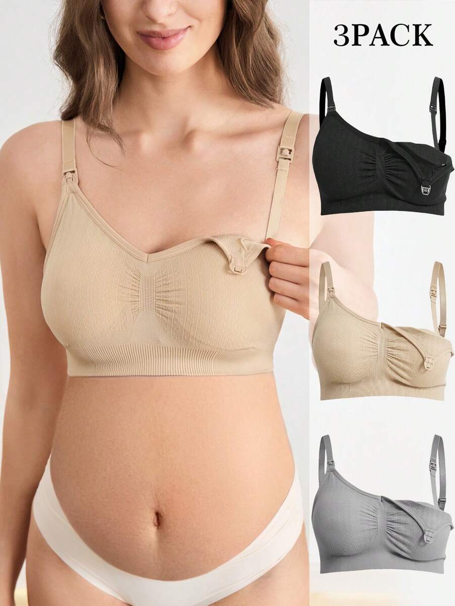 BloomMama 3pcs/Set Maternity Solid Color Ruched Nursing Bras With Breastfeeding Function - Multicolor - View 1