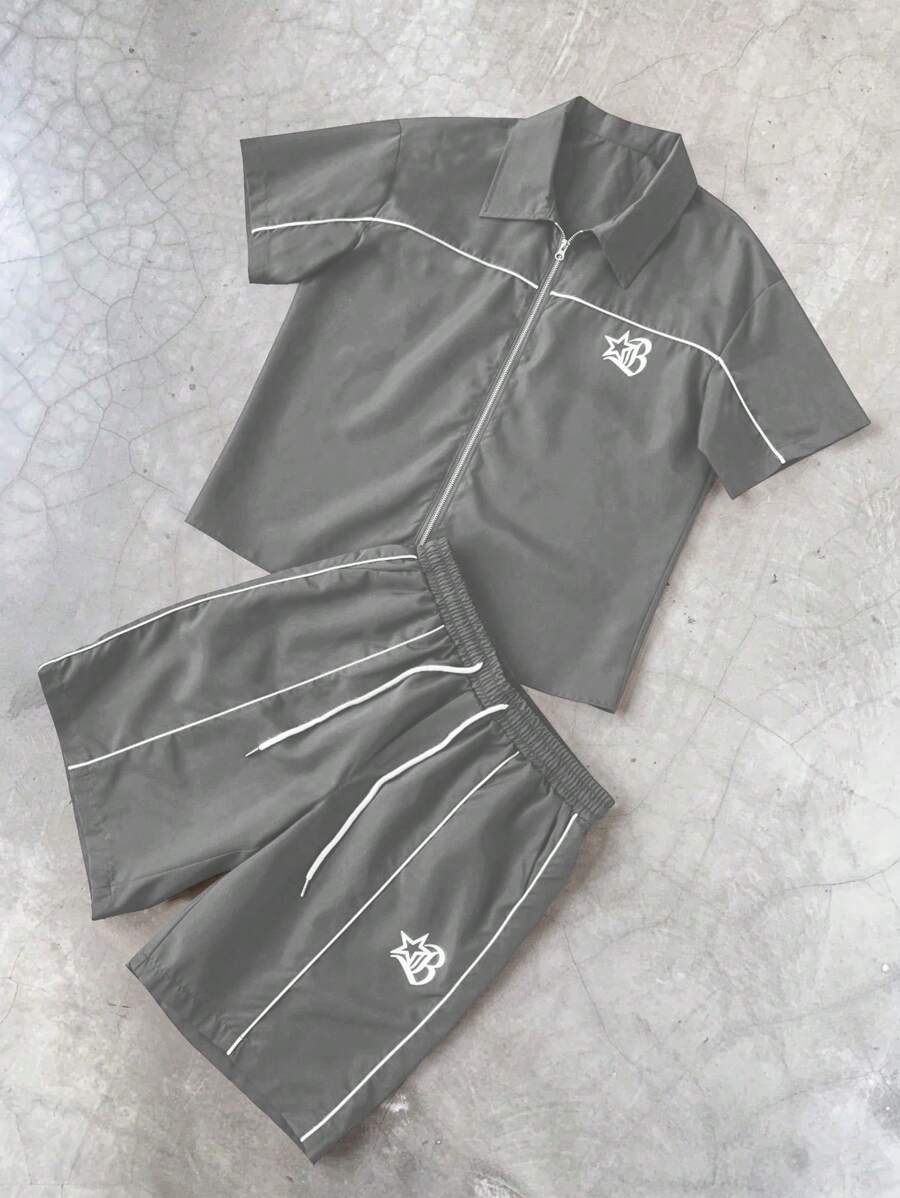 STYNVO Manfinity Streetrush Contrast Trim Shirt And Shorts Set For Men - Dark Grey - View 1