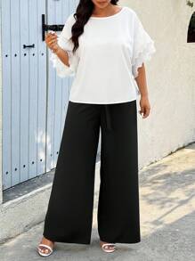 Calvaya Conjunto de 2 piezas de talla grande para vacaciones, camisa de manga con volantes de unicolor casual y pantalón largo - Negro - Ver 4