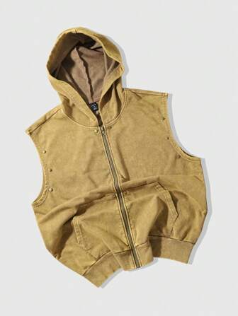 Grunge Punk Men's Zip Up Casual Washed Vintage Style Hooded Vest