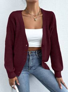 EURMUSE Women Solid Color Long Sleeve Single-Breasted Casual Loose Cardigan,Petite Cardigans,Cardigans - Burgundy - View 5