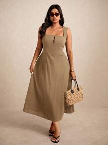 Elaquor Đầm suông không tay màu trơn thường ngày cỡ lớn cho kỳ nghỉ - Màu Khaki - Xem 1