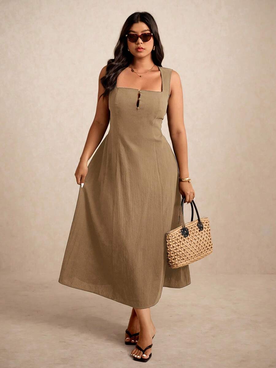 Elaquor Đầm suông không tay màu trơn thường ngày cỡ lớn cho kỳ nghỉ - Màu Khaki - Xem 1