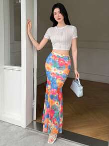 Celisse Women's Round Neck Cinched Waist Short Sleeve T-Shirt, Textured Woven Fabric, Fashionable & Elegant Daily Wear