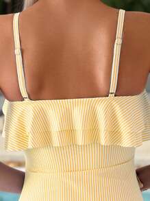 Swim Vcay Women's Casual Beach Vacation Double-Layer Ruffled Striped Random Print One-Piece Swimsuit, Spring/Summer - Multicolor - View 3