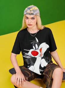 LOONEY TUNES X SHEIN 大码女式宽松超大卡通图案落肩T恤，夏季 - 黑色 - 查看 1