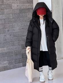 DAZY Tween Girls Hooded Casual Mid-Length Loose Straight Padded Coat Winter - Black - View 1