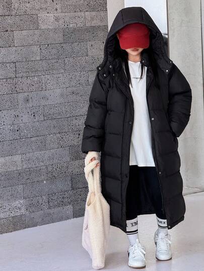 DAZY Manteau d'hiver ample à capuche, mi-long et droit, pour préadolescentes