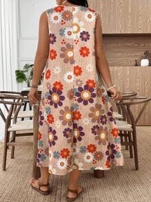 EMERY ROSE فستان صيفي أكبر مقاسات للنساء، أكمام بلا أكمام، برقبة دائرية، به جيوب، بطبعات زهور وجرافيتي على خلفية بِيج، بطراز كاجوال كلاسيكي بسيط، مناسب للخروجات اليومية والعطلات والإطلالات المريحة