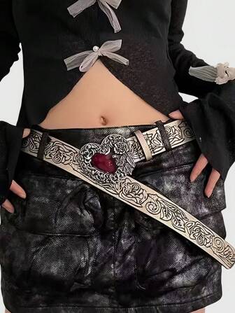 Goth Cinturón de estilo vintage con patrón de corazón y rosa en relieve, de estilo versátil Y2K, villana, gótico y oscuro