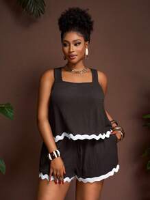 Veslaya Bộ quần short lưng thun co giãn không tay màu nâu tương phản độc quyền mùa hè mới 2025 dành cho bãi biển, áo ba lỗ hở lưng chữ A độc quyền, cỡ lớn - Màu nâu Sô-cô-la - Xem 10