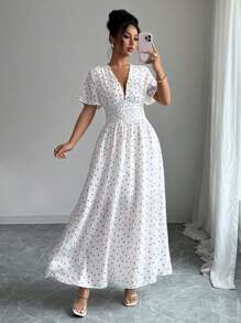 Elenzga Vestido largo con cordón, escote profundo y plisado, con estampado de corazones, para mujer de verano - Blanco - Ver 3