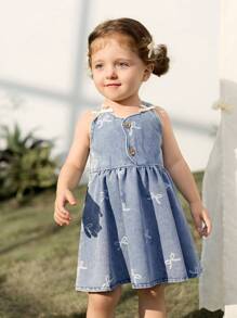 Cozy Pixies Baby Girl Bow Decor Tie Waist Denim Jumper Dress - Blue - View 3