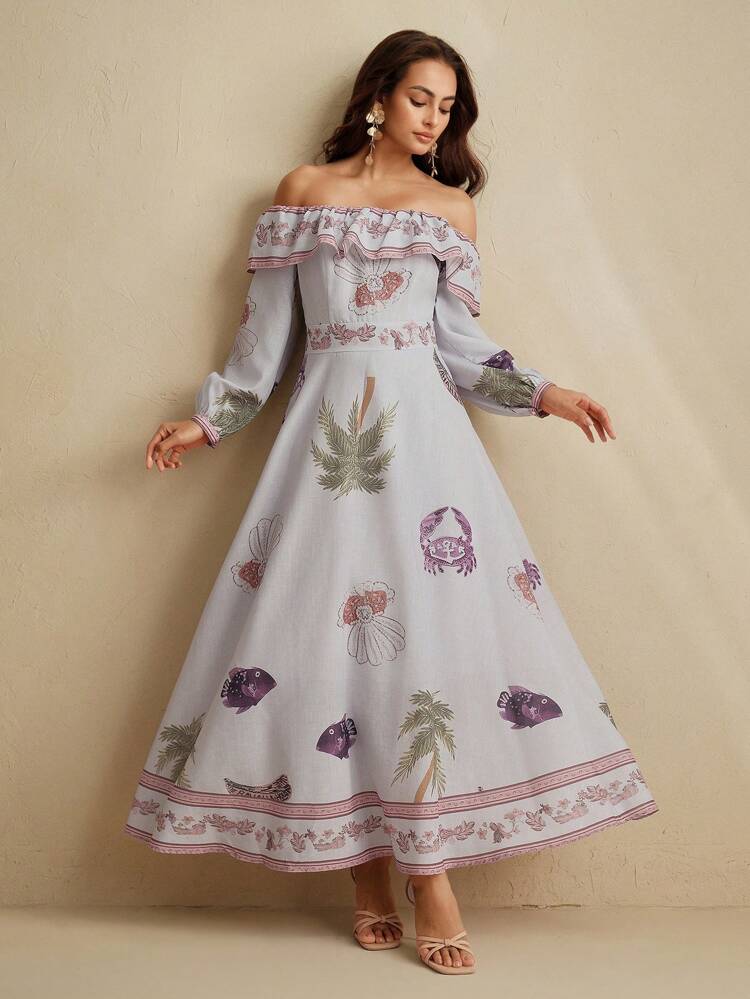 Women's Lantern Sleeve Off Shoulder Boho Style Floral Print Maxi Dress