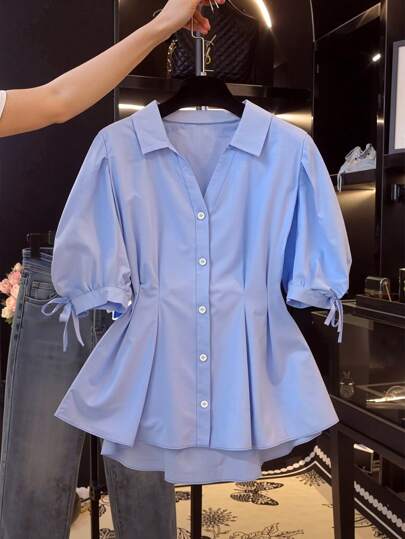 Sunspun Plus Size Women's Summer Casual Solid Color Puff Sleeve Fitted Blouse