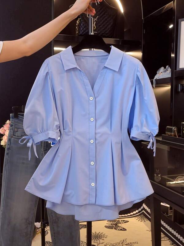 Flirla Plus Size Women's Summer Casual Solid Color Puff Sleeve Fitted Blouse