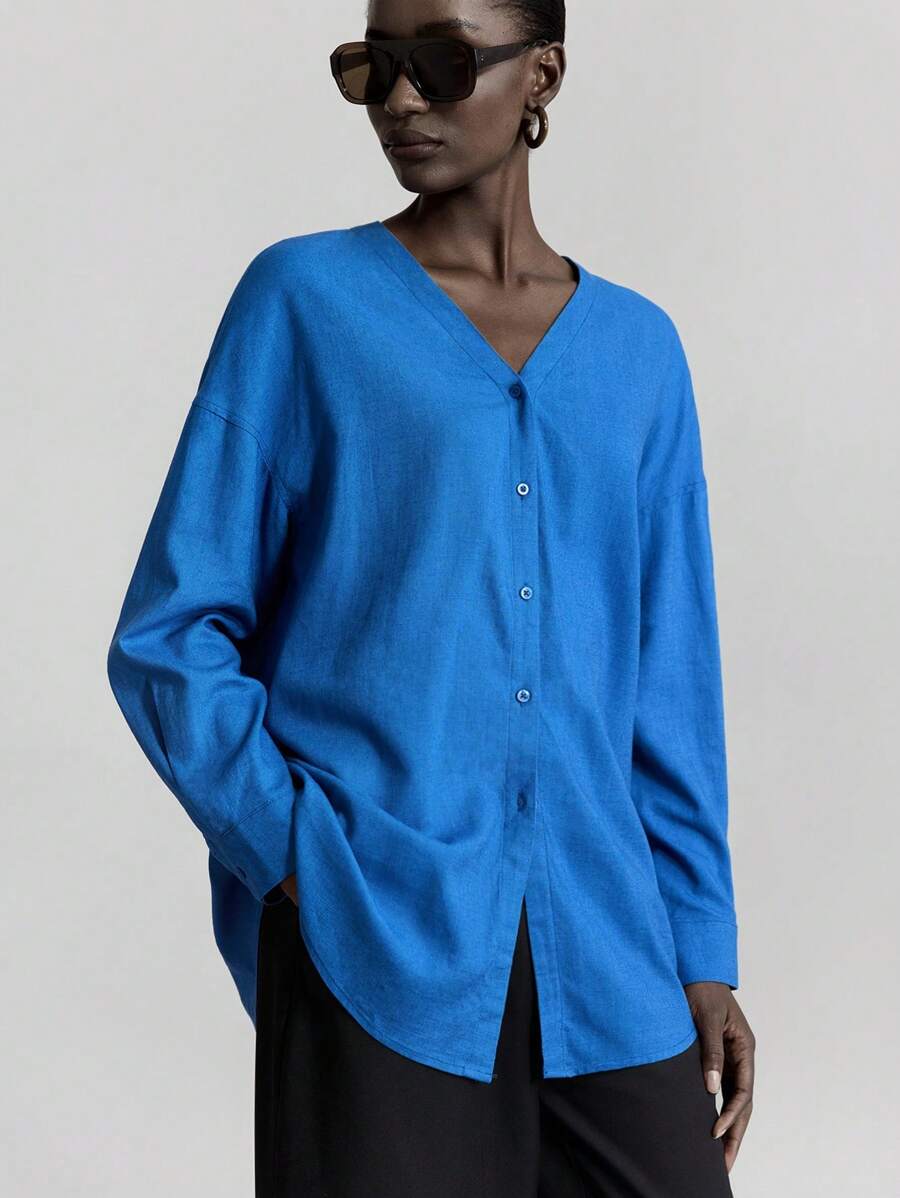 Ontre 2025 春秋女士休闲宽松落肩长袖衬衫，百搭适合办公室通勤 - 藍色 - 查看 1