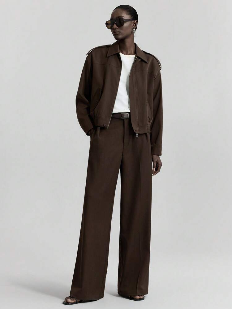 Modern Urban Style Women's Jacket, Brown, Oversized Fit, Casual Style, Lapel Collar, Long Sleeve, Functional Pockets, Elastic Hem, Short Jacket, Autumn Wear, Daily Casual Outerwear Low-Key And Durable Basic Style, All-Match And Suitable For Everyone, Street Fashion Wear, Coffee Shop Wear