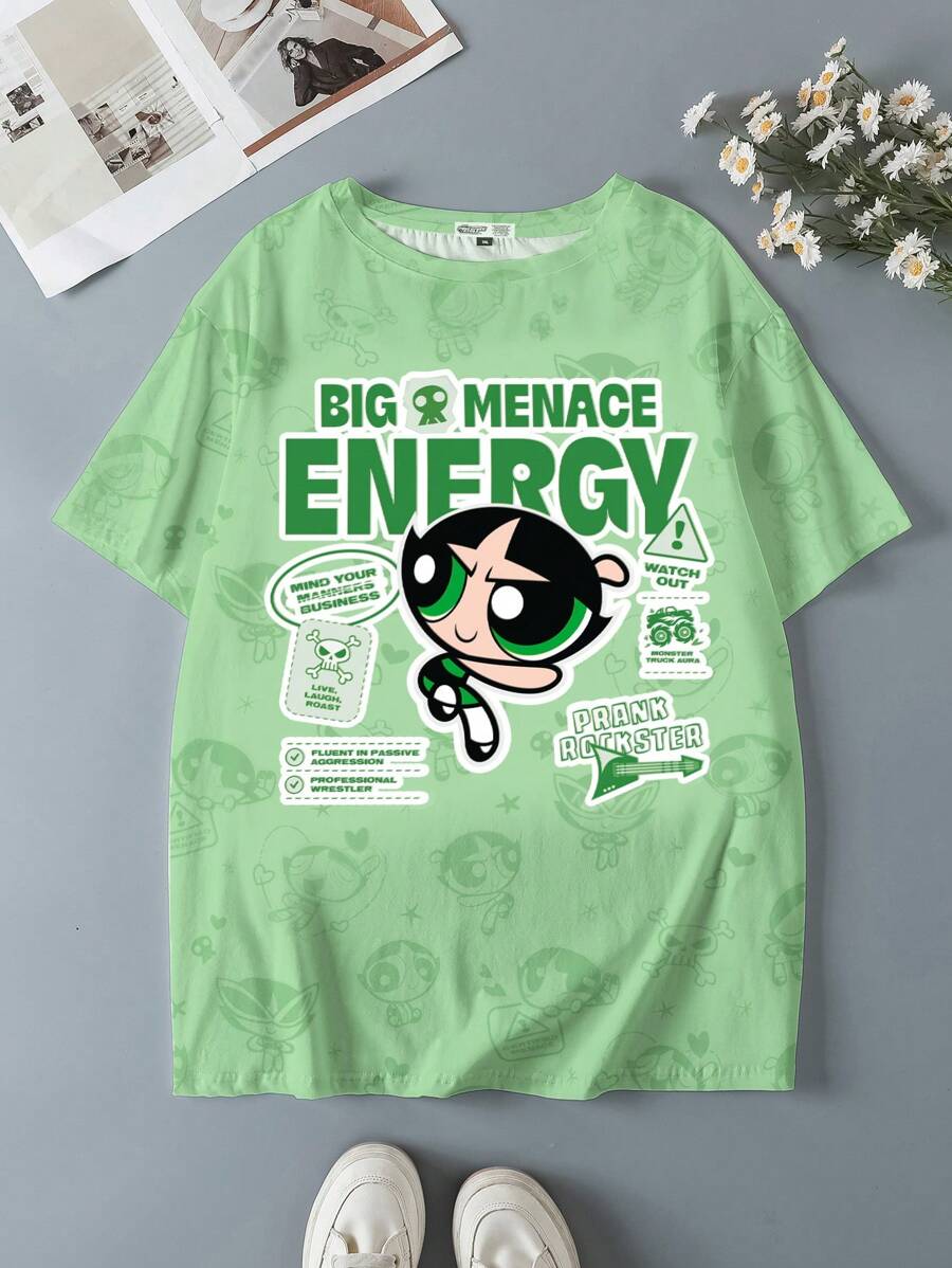THE POWERPUFF GIRLS X SHEIN 大码字母和卡通图案圆领短袖T恤 - 白色 - 查看 1