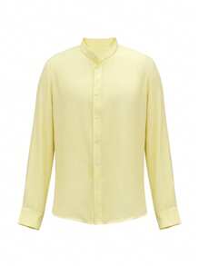 Manfinity Dauomo Áo sơ mi nam tay dài hở vai màu trơn, đơn hàng thường ngày, mùa hè - Màu vàng - Xem 3