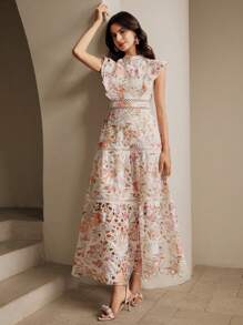 Anewsta 女士腰部收紧镂空刺绣印花优雅中长度假连衣裙 - 珊瑚橙 - 查看 5