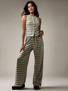 MISSGUIDED Conjunto de coordinado de pantalones anchos de canalé con botones delanteros a rayas, ropa de playa y descanso para vacaciones de verano - Multicolor - Ver 5