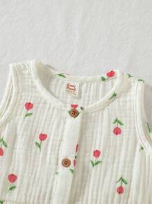 Cozy Pixies 女宝宝夏季休闲碎花无袖荷叶边下摆衬衫和宽松阔腿裤套装 - 白色 - 查看 4