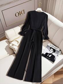 Franclia 女士纯色圆领长袖优雅连体裤，适合大学秋季穿着。 - 黑色 - 查看 2