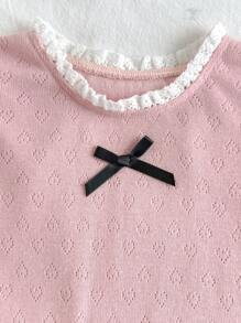 Cozy Pixies 2pcs/Set Baby Girl Ruffled Collar Bow Decor Short Sleeve Pullover Top - Multicolor - View 4