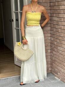 Rafferiza Women's Casual Textured Apricot Color Drawstring Waist Holiday Midi Skirt - Apricot - View 2