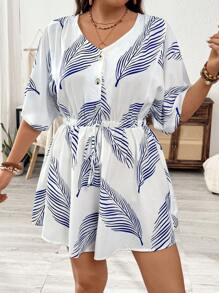 Flirla Plus Size Boho Casual Leaf Printed Romper, Minimalist Style, For Summer - Blue and White - View 3