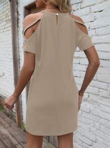 SHEIN LUNE 夏季纯色露肩休闲连衣裙新年衣服 - 杏色 - 查看 2