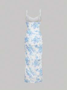 SHEIN 青少年女孩休闲假日优雅弹力网眼碎花荷叶边下摆开衩长款无袖修身连衣裙，适合外出、派对、聚会、婚礼等各种场合 - 藍色 - 查看 4