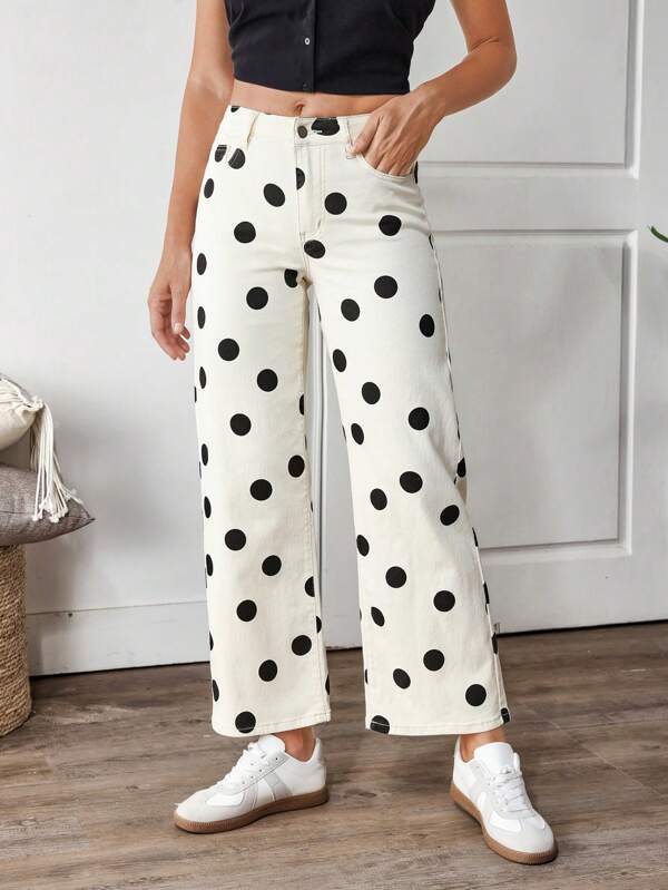 SHEIN PETITE Casual Basic Polka Dot Printed Five Pocket Wide Leg Straight Versatile Daily Wear Jeans For Women