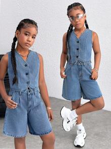 Tween 女童夏季休闲 V 领牛仔背心和低腰宽松阔腿牛仔长短裤百慕大短裤两件套，简约时尚，适合日常穿着，女童夏季海滩波西米亚风度假短裤，夏季音乐会节日休闲狂欢装，女童夏季早午餐教堂毕业装，返校 - 中等水洗藍 - 查看 1