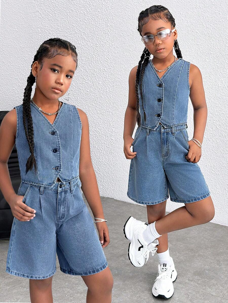 Tween 女童夏季休闲 V 领牛仔背心和低腰宽松阔腿牛仔长短裤百慕大短裤两件套，简约时尚，适合日常穿着，女童夏季海滩波西米亚风度假短裤，夏季音乐会节日休闲狂欢装，女童夏季早午餐教堂毕业装，返校 - 中等水洗藍 - 查看 1