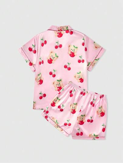 Kawaii Plus Size Summer Cute Bear & Cherry Print Satin Silky Soft Breathable Lapel Short Sleeve Shorts Pajama Set