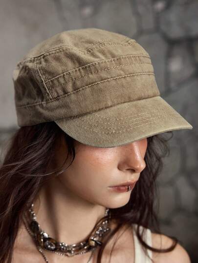 Grunge Punk 1pc Vintage Style Khaki Solid Color Flat Top Hat, Retro Distressed Punk Chic Hat, Simple Adjustable Daily Wear Cap