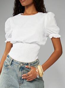 MISSGUIDED Puff Sleeve Shirred Waist Blouse Short Sleeve Summer Spring Casual Crop Top With Smocked Elastic Waistband Victorian Style - White - View 4