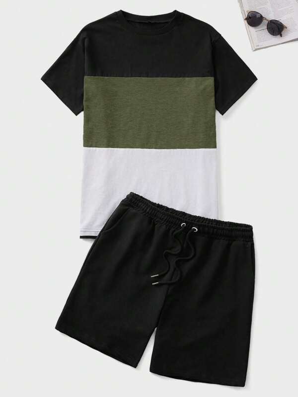 RueChic Set bărbătesc cu tricou casual, guler rotund, mânecă scurtă, și pantaloni scurți cu șnur în talie, în culori contrastante